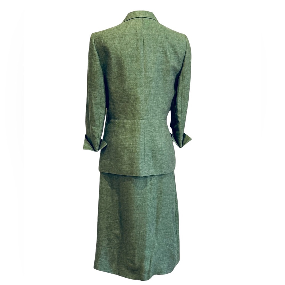 90s 2PC LE SUIT LINEN GREEN LUXURY 3/4 SLEEVES FITTED BLAZER PENCIL SKIRT SZ 8 - Picture 5 of 11
